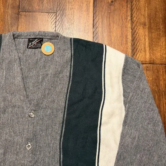 Vtg D'Italia Campus Sweater Mens XL Gray Green Stripe Knit Cardigan 90s